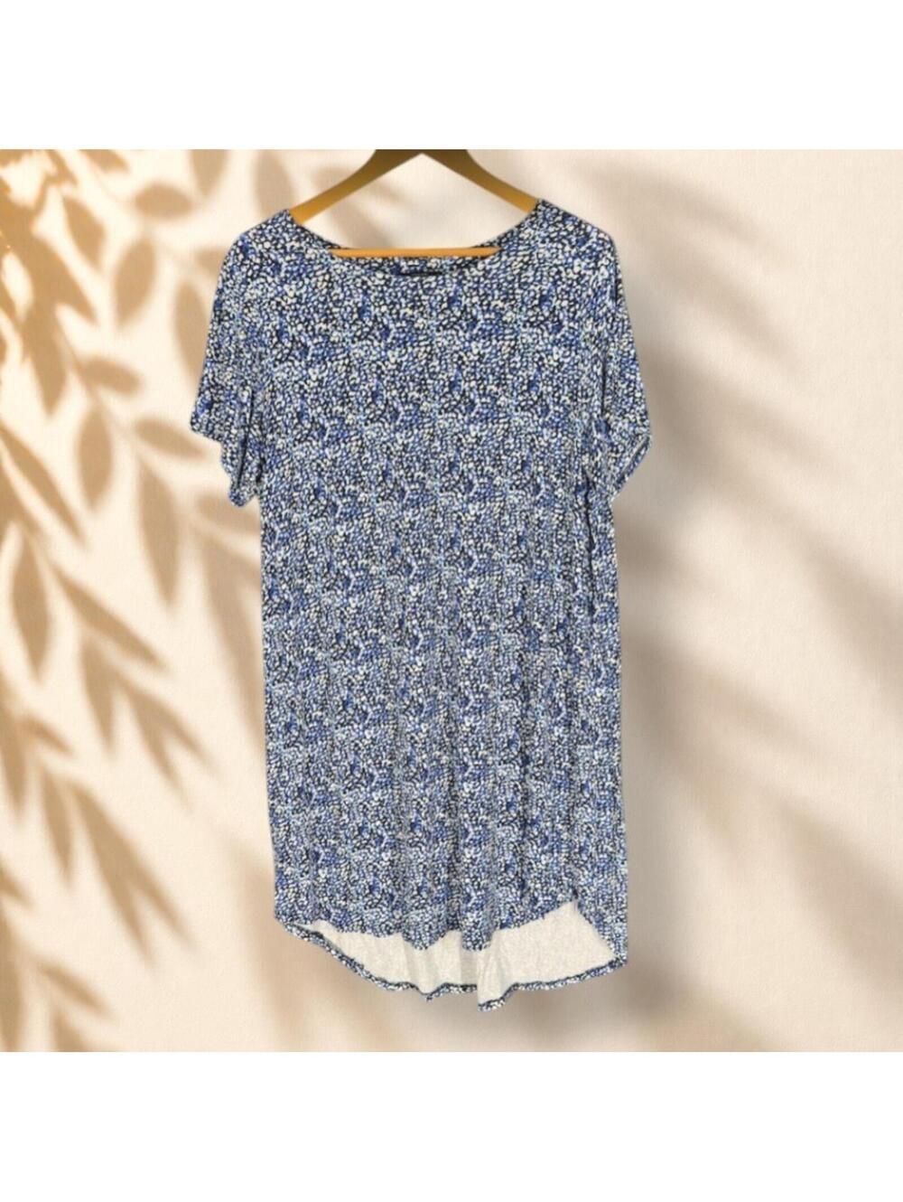 Tahari Dress Women 1X Plus Blue Geometric Shift Midi Short Sleeve Round Neck